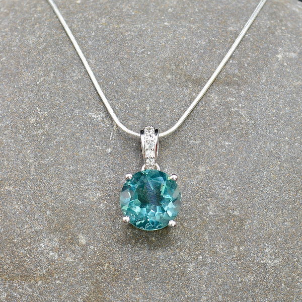 Green Fluorite & White Topaz Solitaire Sterling Silver Pendant & Necklace