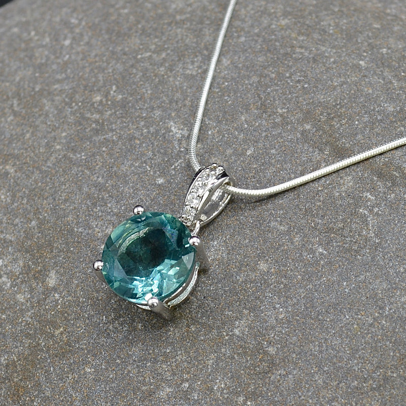 Green Fluorite & White Topaz Solitaire Sterling Silver Pendant & Necklace