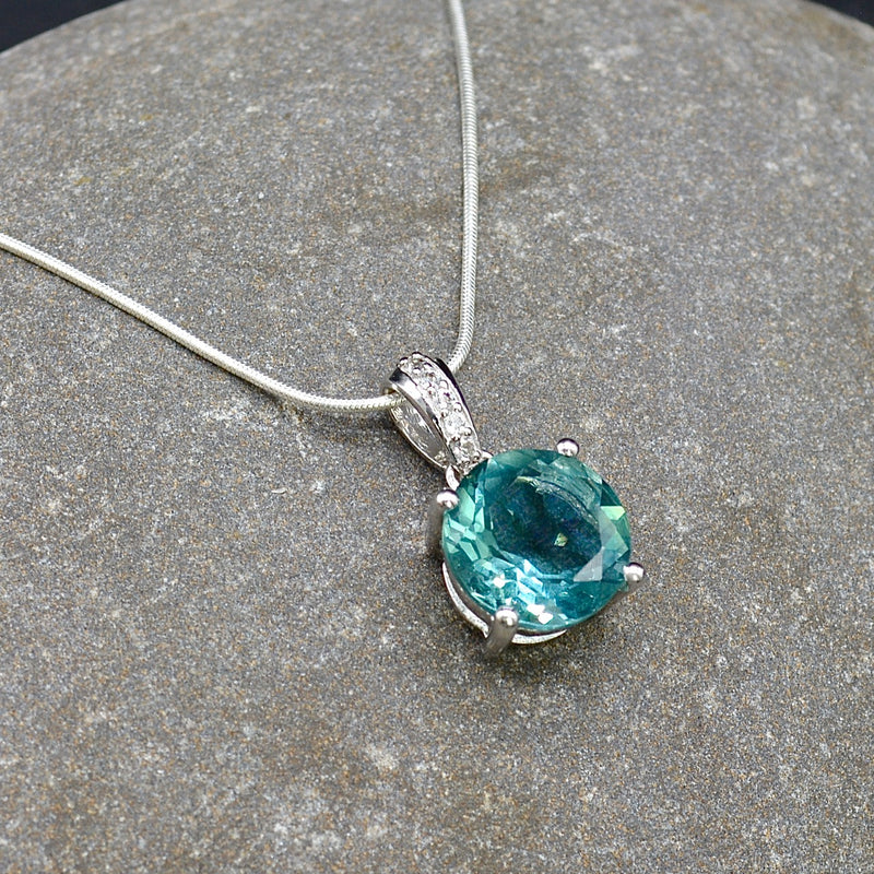 Green Fluorite & White Topaz Solitaire Sterling Silver Pendant & Necklace