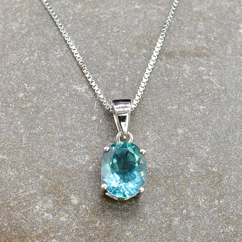 Green Fluorite Solitaire Sterling Silver Pendant & Necklace