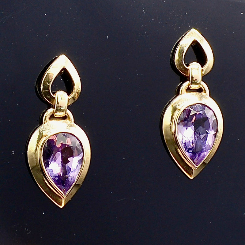 Vintage Amethyst 9CT Yellow Gold Large Drop Earrings