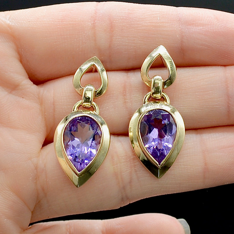 Vintage Amethyst 9CT Yellow Gold Large Drop Earrings