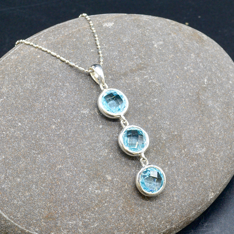 Swiss Blue Topaz Trilogy Sterling Silver Pendant & Chain