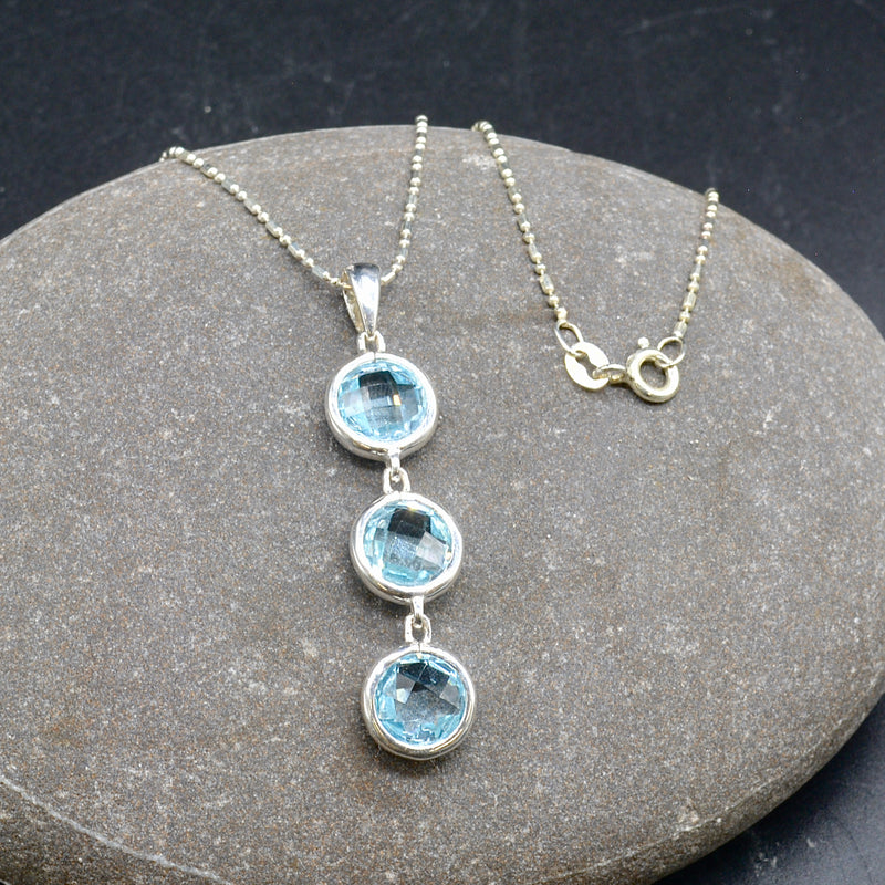 Swiss Blue Topaz Trilogy Sterling Silver Pendant & Chain