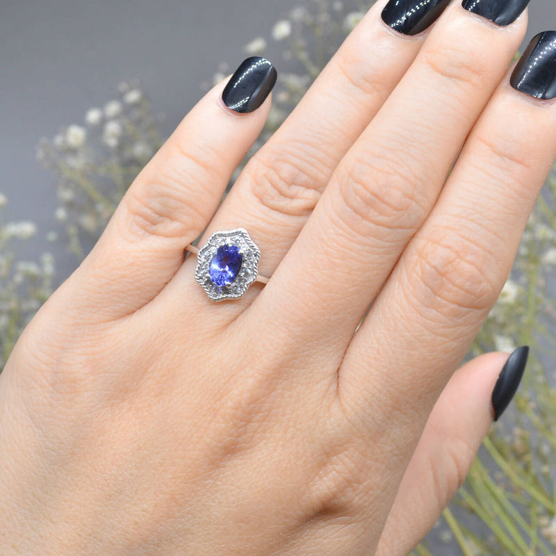 Tanzanite and White Zircons Silver Cluster Ring