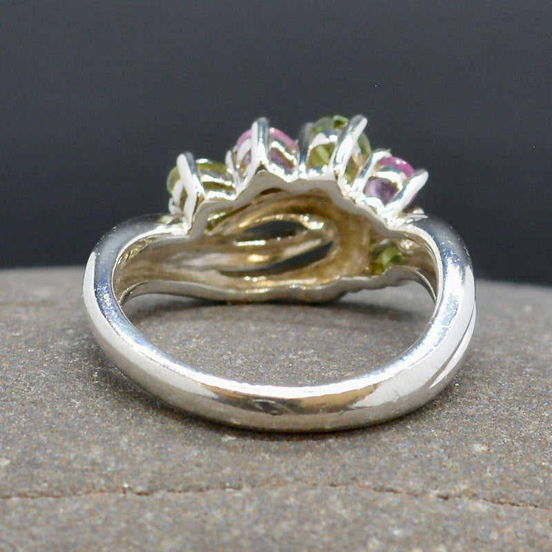 Vintage Pink and Green Topaz Wave Sterling Silver Ring