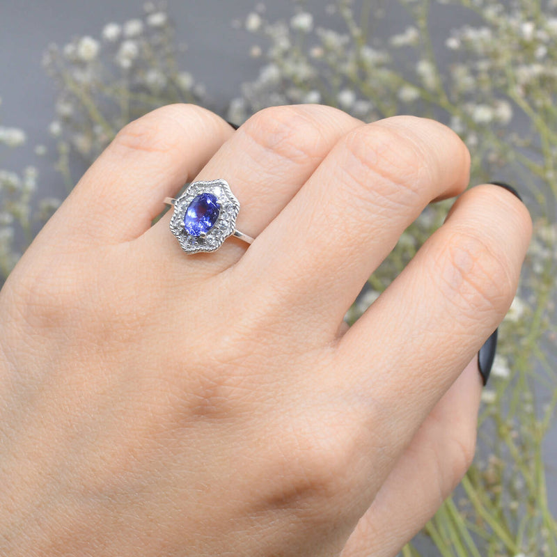 Tanzanite and White Zircons Silver Cluster Ring