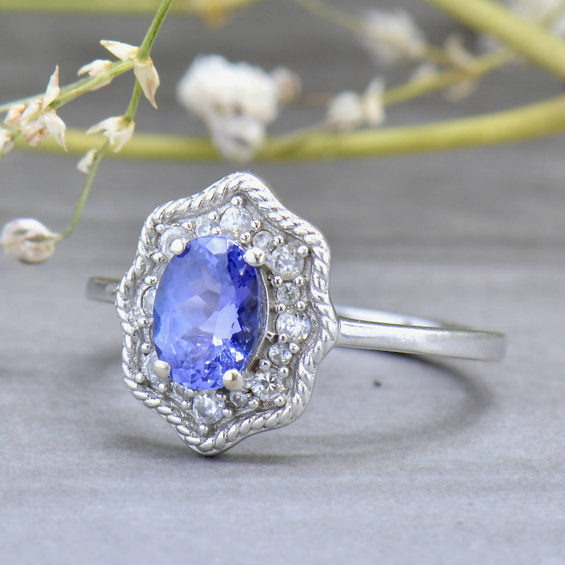 Tanzanite and White Zircons Silver Cluster Ring