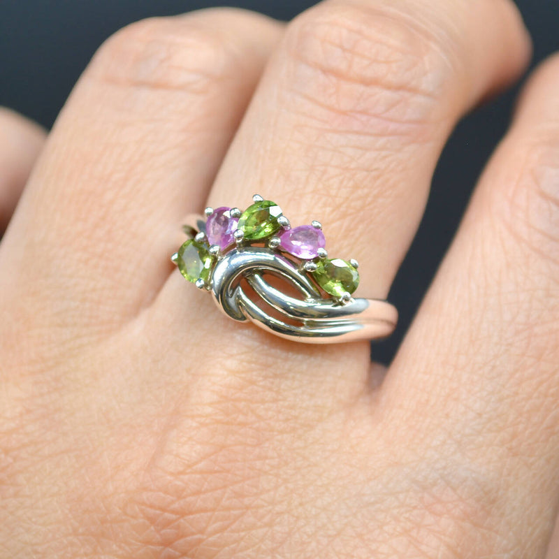 Vintage Pink and Green Topaz Wave Sterling Silver Ring