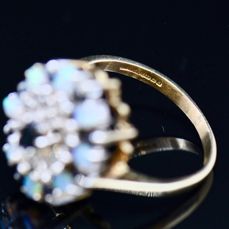 Vintage 9CT Yellow Gold Sapphire, Opal & Diamond Cluster Ring