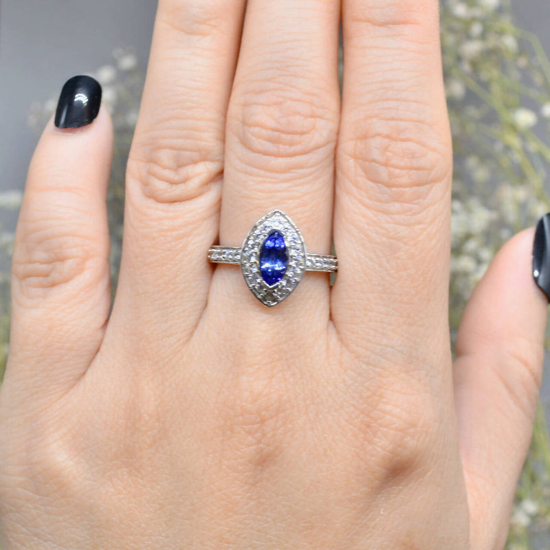 Tanzanite and White Zircons Silver Marquise Halo Ring