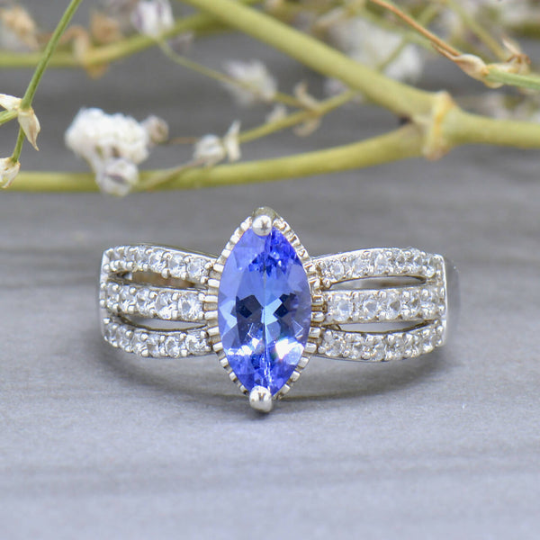 Tanzanite and White Zircons Silver Split Shoulders Design Ring