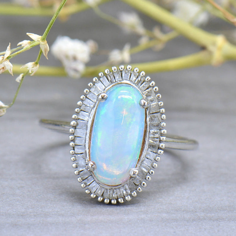 Vintage Genuine Crystal Opal and Diamond Silver Ballerina Ring