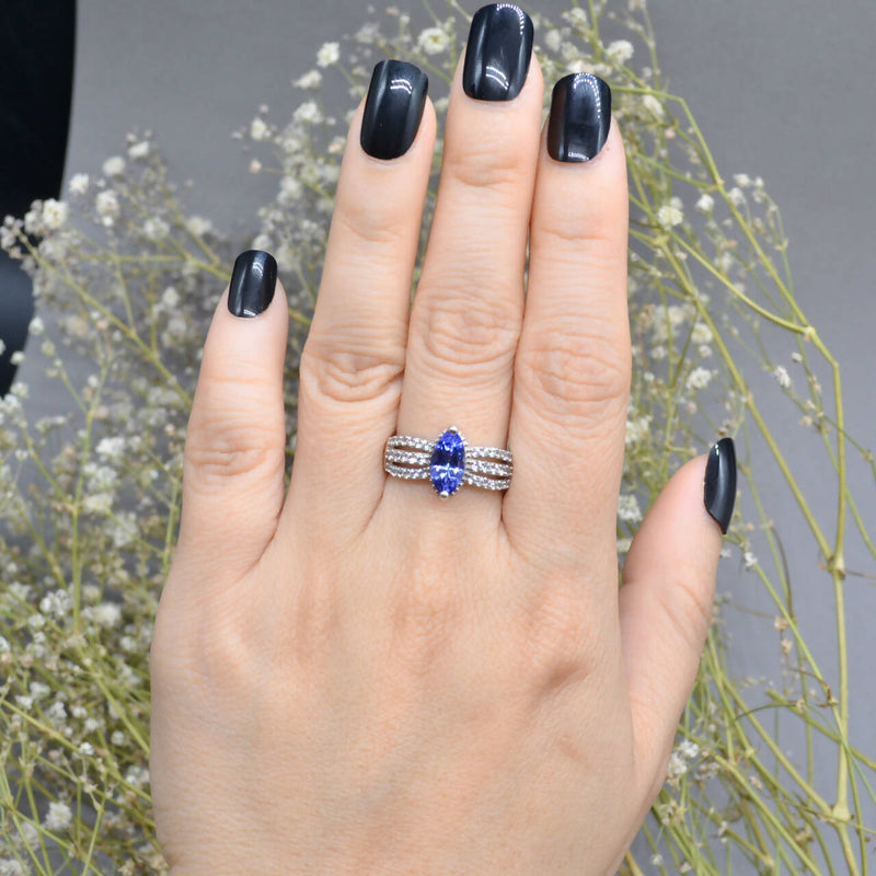 Tanzanite and White Zircons Silver Split Shoulders Design Ring