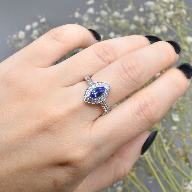 Tanzanite and White Zircons Silver Marquise Halo Ring