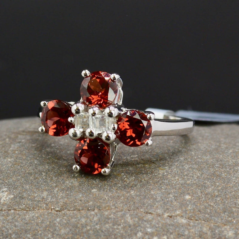 Garnet & White Topaz Flower Cluster Ring