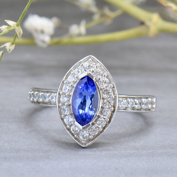 Tanzanite and White Zircons Silver Marquise Halo Ring