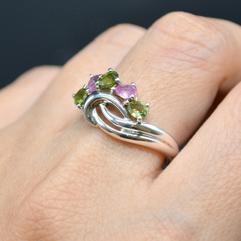 Vintage Pink and Green Topaz Wave Sterling Silver Ring