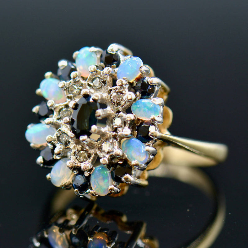 Vintage 9CT Yellow Gold Sapphire, Opal & Diamond Cluster Ring