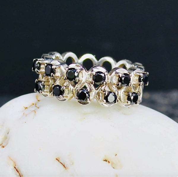 Natural Black Spinel Half Eternity Sterling Silver Stacking Band