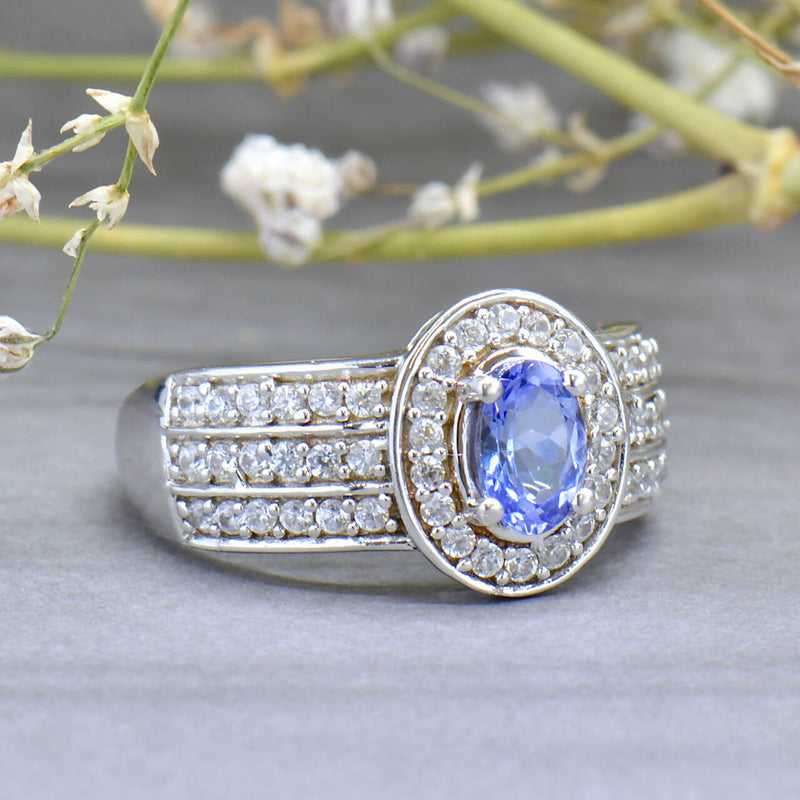 Tanzanite and White Zircons Silver Halo Three-Layer Design Ring