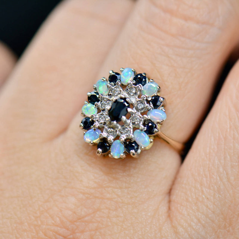 Vintage 9CT Yellow Gold Sapphire, Opal & Diamond Cluster Ring