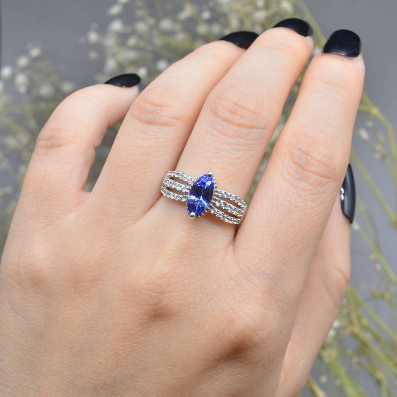 Tanzanite and White Zircons Silver Split Shoulders Design Ring