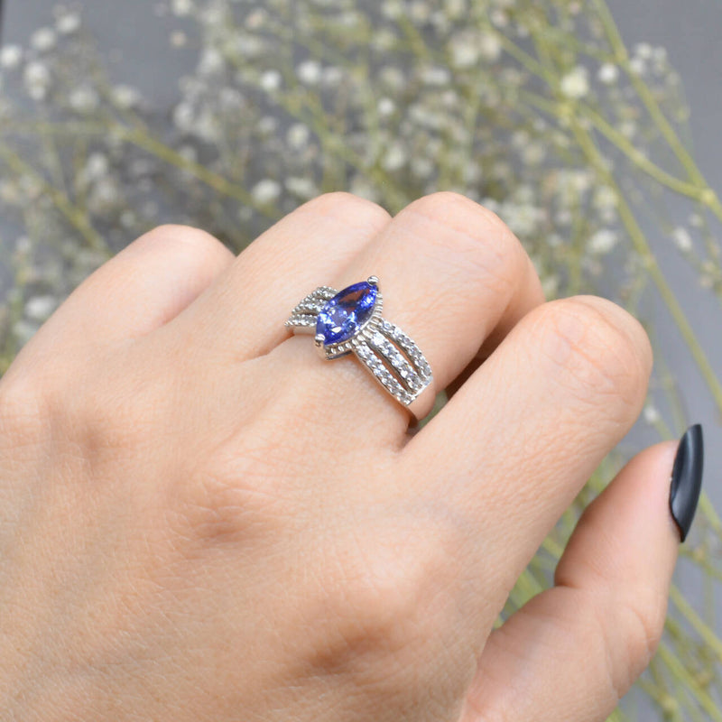 Tanzanite and White Zircons Silver Split Shoulders Design Ring