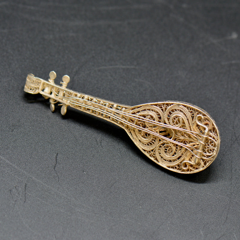 Vintage Mandolin Silver Filigree Brooch