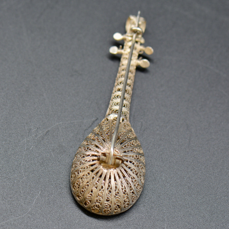 Vintage Mandolin Silver Filigree Brooch