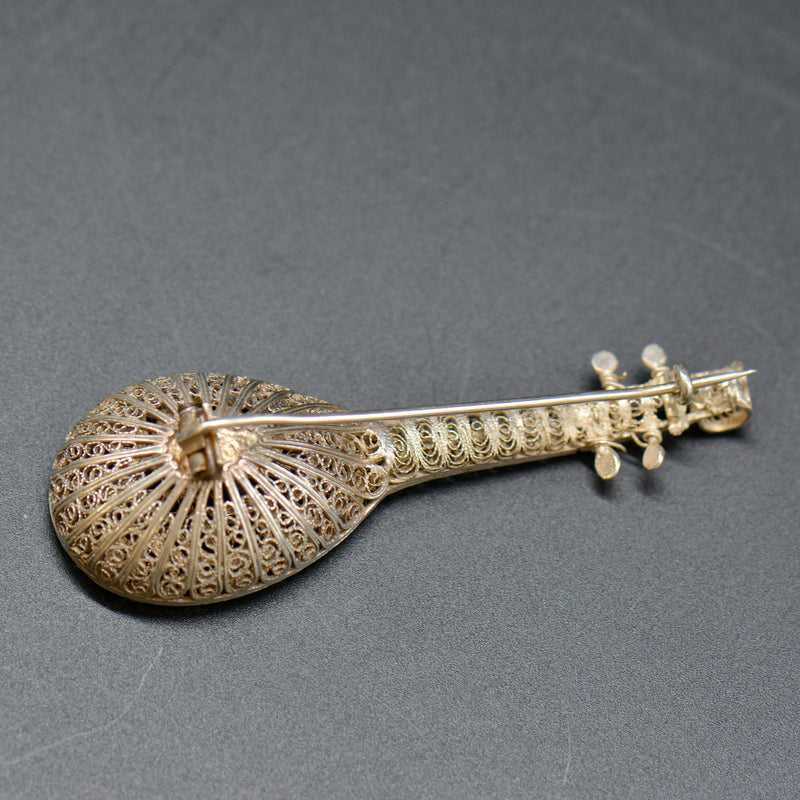 Vintage Mandolin Silver Filigree Brooch