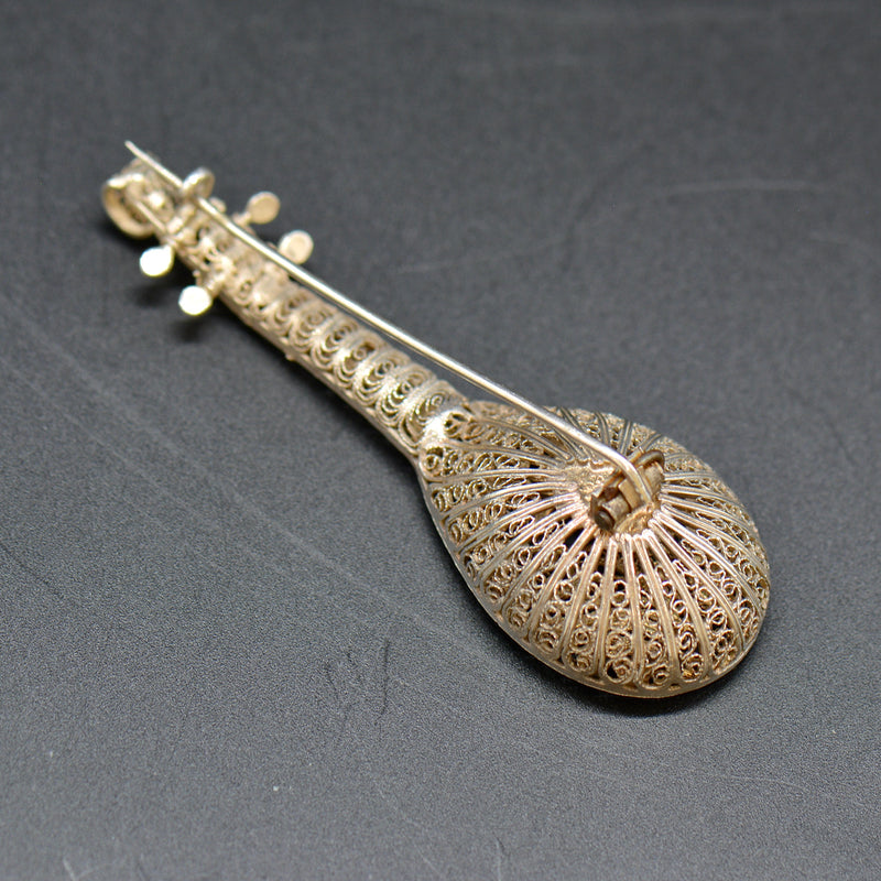 Vintage Mandolin Silver Filigree Brooch