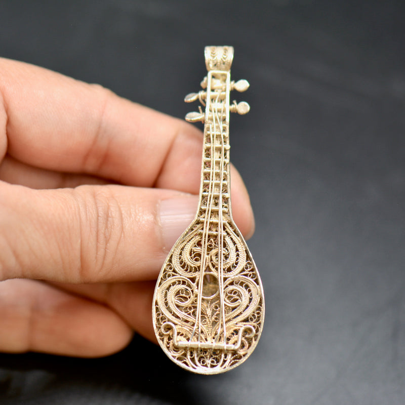 Vintage Mandolin Silver Filigree Brooch