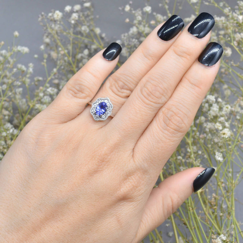 Tanzanite and White Zircons Silver Cluster Ring