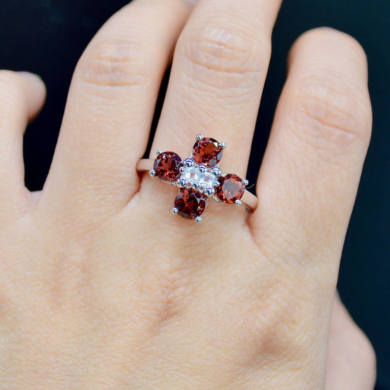 Garnet & White Topaz Flower Cluster Ring