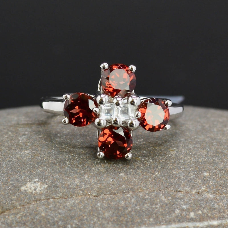 Garnet & White Topaz Flower Cluster Ring