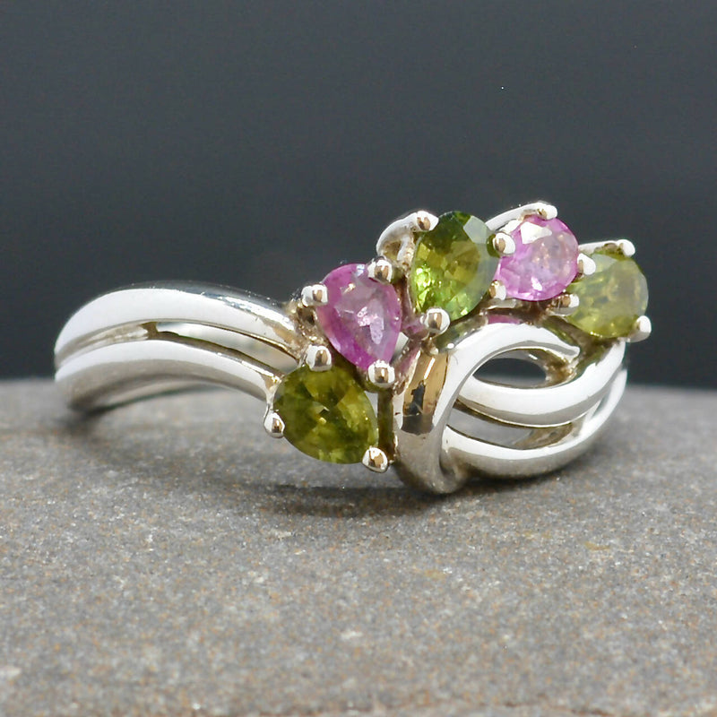 Vintage Pink and Green Topaz Wave Sterling Silver Ring